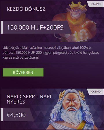 malina casino üdvözlőbónusz